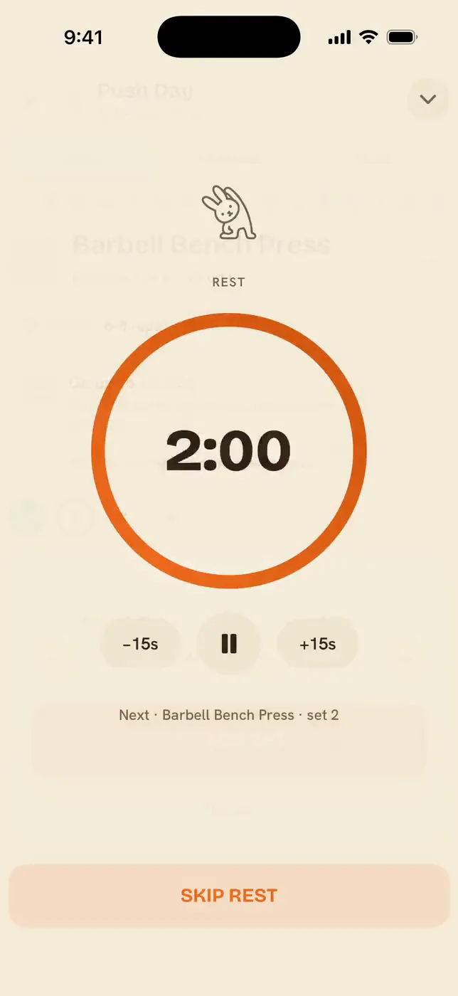 The rest timer running: a large 2:00 ring with minus 15 seconds, pause and plus 15 seconds controls under it.