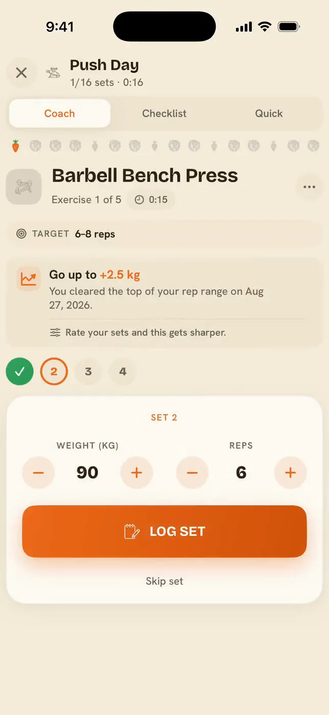 Coach mode mid-workout: bench press, set 3 of 4, weight and reps steppers pre-filled at 90 kg and 6 reps above a full-width LOG SET button.